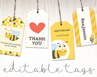 Gift tag printable, text editable party gift tags, favor tags, bumble bee birthday, kids party ideas, yellow gift tags,