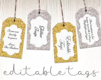 Glitter gift tags, gold, silver, printable, editable template, labels, hang tags, elegant favor tags, DIY, christmas wrapping tags, DIGITAL