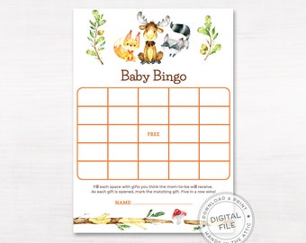 Baby bingo printable shower game, guess gifts, woodland animals baby shower, baby animals party, forest creatures, DIGITAL download instant