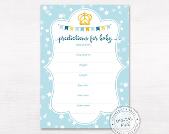 Predictions for baby shower guessing game, baby boy shower, baby stats game printable cards, printable baby shower party supplies, DIGITAL