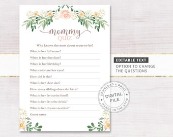 Instant mommy quiz baby shower games, EDITABLE template download, floral baby shower, personalized unique questions, printable PDF, DIGITAL