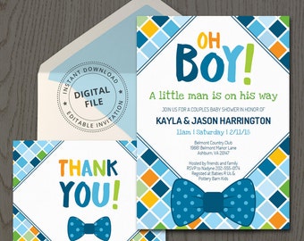 Bow tie baby shower invitations, themed, baby boy, invitation template, little man, bowtie, thank you card, DIGITAL