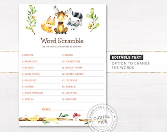 Word scramble mix baby shower game, forest animals party, woodland creatures shower printable game, DIGITAL, editable PDF , instant download