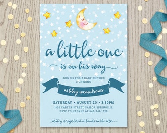 Twinkle star baby shower night invitation, stars baby shower invitation stars moon, baby blue customized, printable invite, DIGITAL