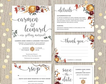 Fall wedding invitation set, floral wedding, autumn flowers, personalized invitation, customized cards, wedding printables, DIGITAL files