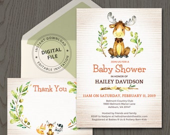 Baby shower invitation, moose invitation, deer elk caribou reindeer, woodland creature, forest animal, editable party invitation, DIGITAL