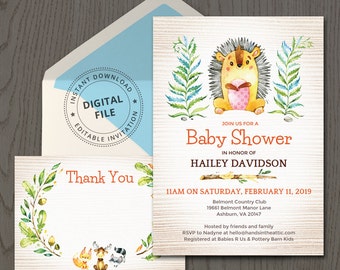 Woodland animals baby shower invitations, hedgehog, cute porcupine, gender neutral, invitation templates, invite ideas diy, DIGITAL