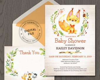 Woodland themed baby shower invitation, woodland critters friends fox animals, printable invite template thank you card PDF download DIGITAL