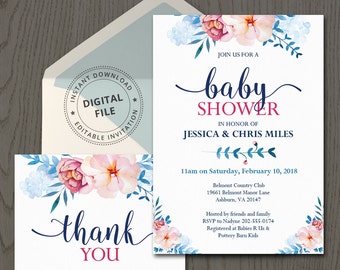 Instant invitation baby shower, couples shower, floral party invitation, pink and navy blue baby shower, editable PDF template, DIGITAL