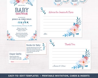 Couples baby shower invitation, floral baby shower kit printables, pink and navy blue, thank you cards, diaper raffle, DIGITAL templates PDF