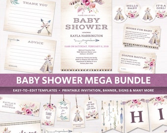 Baby shower bohemian party package, floral boho style, printables set, editable TEMPLATES bundle pack, tribal kit, instant download, DIGITAL