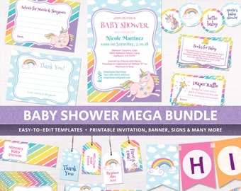 Unicorn Rainbow baby shower party package, printable templates, DIY party kit, invitation, colors banner, diaper raffle, colorful DIGITAL