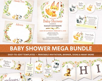 Woodland animals baby shower package, party printables bundle, forest friends, invitation, books for baby, alphabet banner, signs, DIGITAL