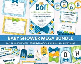 Bow Tie Baby Shower Decorations Package, invitation oh boy shower little man ideas navy blue green bowtie oh boy editable printables DIGITAL