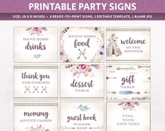 Boho baby shower signs, couples shower decor, printable bohemian party signage, gift table, welcome, food, drinks sign, DIGITAL downloads