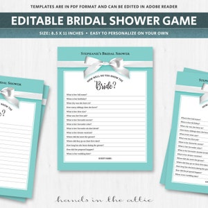 Bridal shower trivia questions, bridal shower question game question list, bridal trivia questions, turquoise, printable DIGITAL download image 1