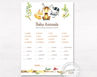 Match baby animals name game, printable baby shower matching game, who's my mommy, woodland animals theme party, DIGITAL, instant download