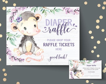 Printable diaper raffle tickets and sign for opossum theme baby shower - 8x10 and small card insert, instant download PDF files om51