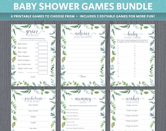 Baby shower games pack, gender neutral kit for male and female, quick ready to print, unisex large groups on a budget, nature leaves DIGITAL