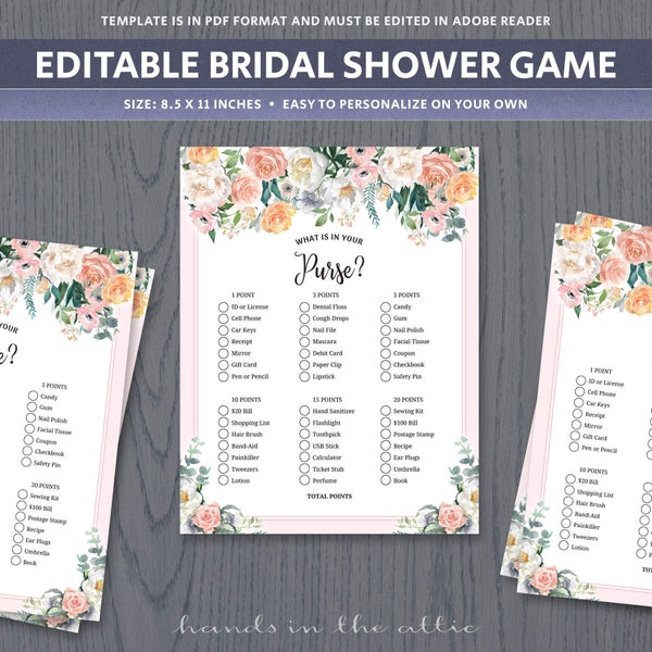What's in your purse bag handbag points game, easy bridal shower activity games, floral printable EDITABLE printable activities, digital PDF