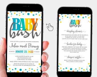 Mobile invitation with baby bash theme for boy or girl shower, digital jpg for smartphones, cell phones - iPhone Android - virtual