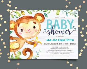 Monkey baby boy shower invitation, jungle theme printable template, playful swinging ape with banana, instant diy PDF, editable me35