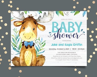 Hunting little buck baby boy shower invitation, moose elk deer reindeer with antlers, editable invite template PDF, digital files me49
