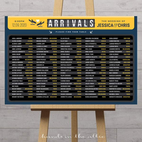 Wedding seating chart board airport arrivals, travel theme destination flight, alphabetical sign plan printable decorations DIGITAL