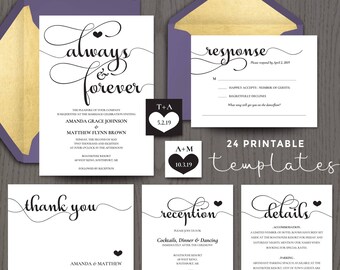 Printable wedding invitation kits sets, in black, customizable, and with RSVP card sets, elegant always and forever, DIGITAL templates, DIY