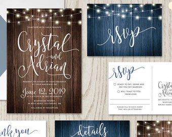 Rustic wedding invitations, complete kits suites sets, string lights hanging fairy lights, wood, ideas, announcements, customized DIGITAL