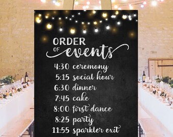 Order of events timeline sign printable, wedding day schedule of the day, personalized list ceremony reception, cocktail, chalkboard DIGITAL