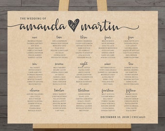 Large wedding seating chart, printable guest table assignment list, display sign, rustic wedding reception poster, DIGITAL customized PDF