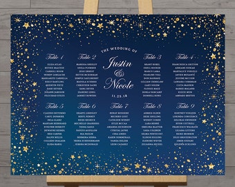 Stars wedding seating chart, celestial night, gold stars guest table plan wedding printable board night sky table assignment, DIGITAL