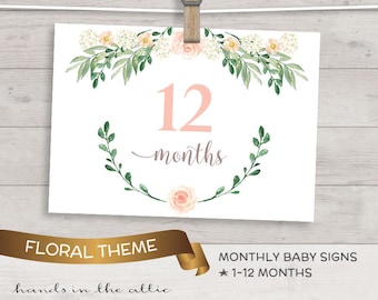 Floral baby monthly growth photo props, printable baby milestones, photography props signs, newborn photo props 12 months digital files, JPG