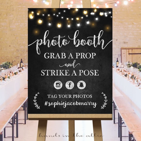 Printable photo booth wedding sign, large chalkboard signs, social media hashtag sharing icons, custom, grab a prop, strike a pose DIGITAL