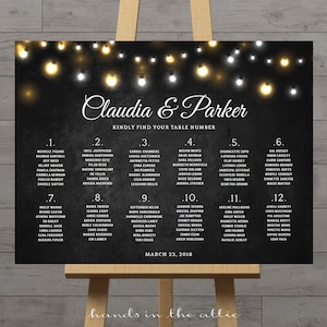 Chalkboard wedding seating chart, large reception signs printable, rustic, fairy lights, black board chalk style, table numbers, DIGITAL PDF image 1