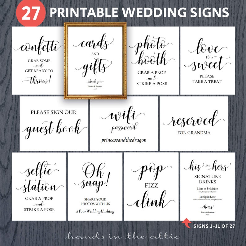 Wedding signs printable package set bundle, pack of 8x10 sign for wedding reception event diy, reserved, confetti, wifi, oh snap, DIGITAL 