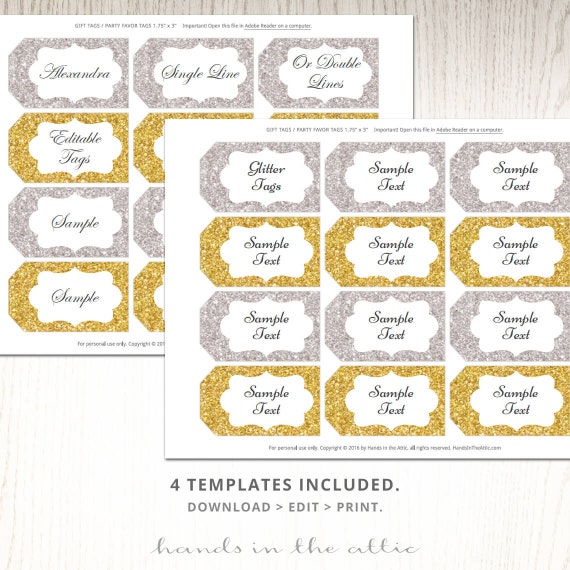 Glitter gift tags, gold, silver, printable, editable template, labels ...