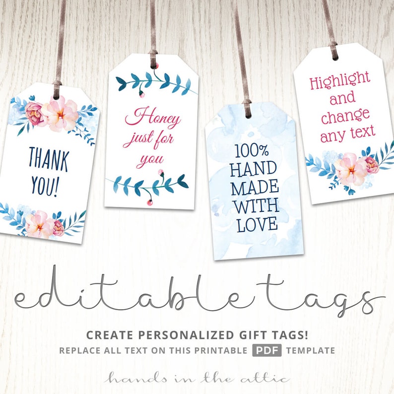 Printable floral gift tags, party favors EDITABLE labels, baby shower favor tags, bridal shower, gift labels name tags, DIGITAL download PDF image 1