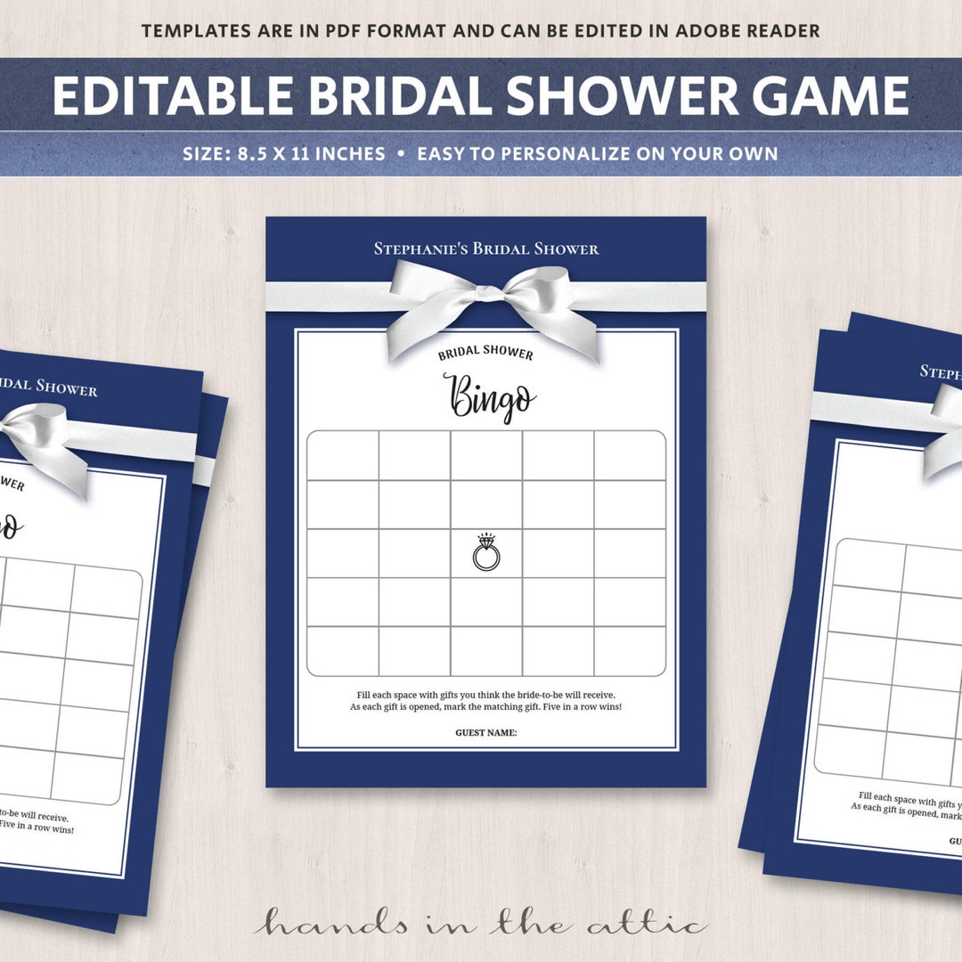 Bridal Shower Bingo Template, Bridal Bingo Cards, Printable Game, Navy ...