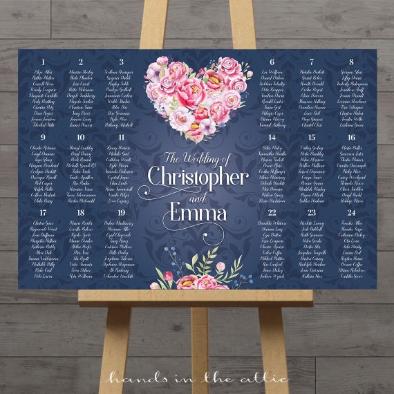 Floral Navy Seating Board Wedding Seating Chart Guest Table Etsy