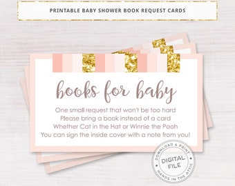 Baby shower book request cards, pink and gold baby shower, books for baby,  pink and gold polka dots, gift request insert, printable DIGITAL