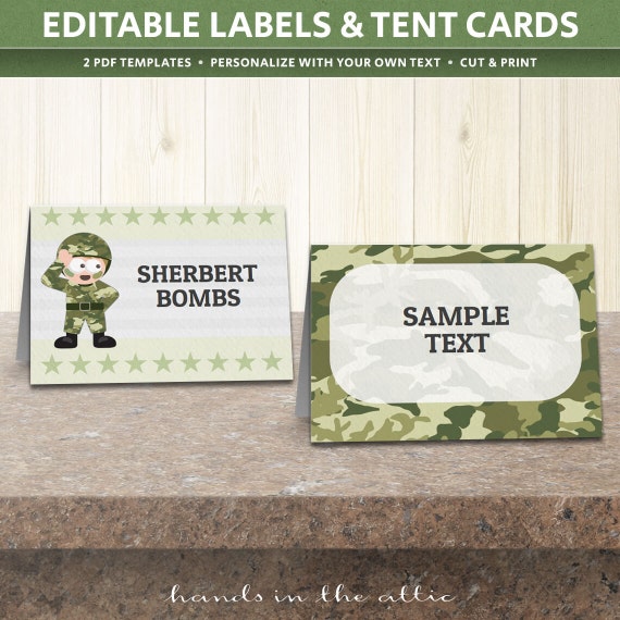 Army labels printable template, text-editable, camo party labels, army party decor, kids camouflage, buffet tent cards, DIGITAL DOWNLOAD Il_570xn