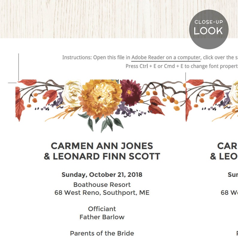 Editable Fall Wedding Program Template Autumn Flowers Fall Etsy