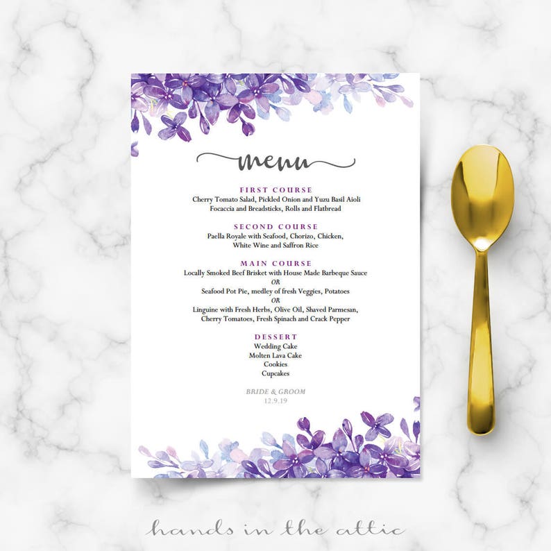 Printable menu cards for weddings, lilac lavender periwinkle wedding reception, buffet, purple theme formal dinner editable template DIGITAL image 1