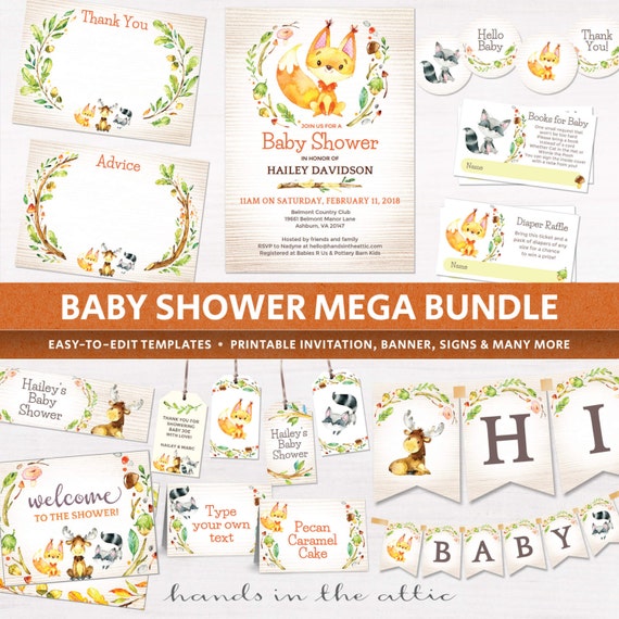 Woodland Animals Baby Shower Package Party Printables Bundle