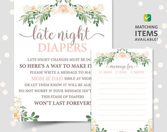 Late night diapers printable template, night time diaper change game thoughts, for mom dad duty baby shower sign and message cards - DIGITAL