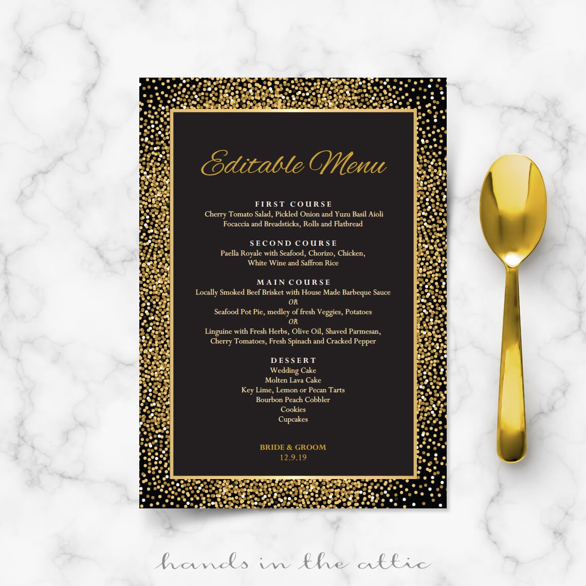 Rehearsal dinner menu cards, black and gold wedding menu template  printable, confetti art deco great gatsby style theme - editable DIGITAL Throughout Rehearsal Dinner Menu Template