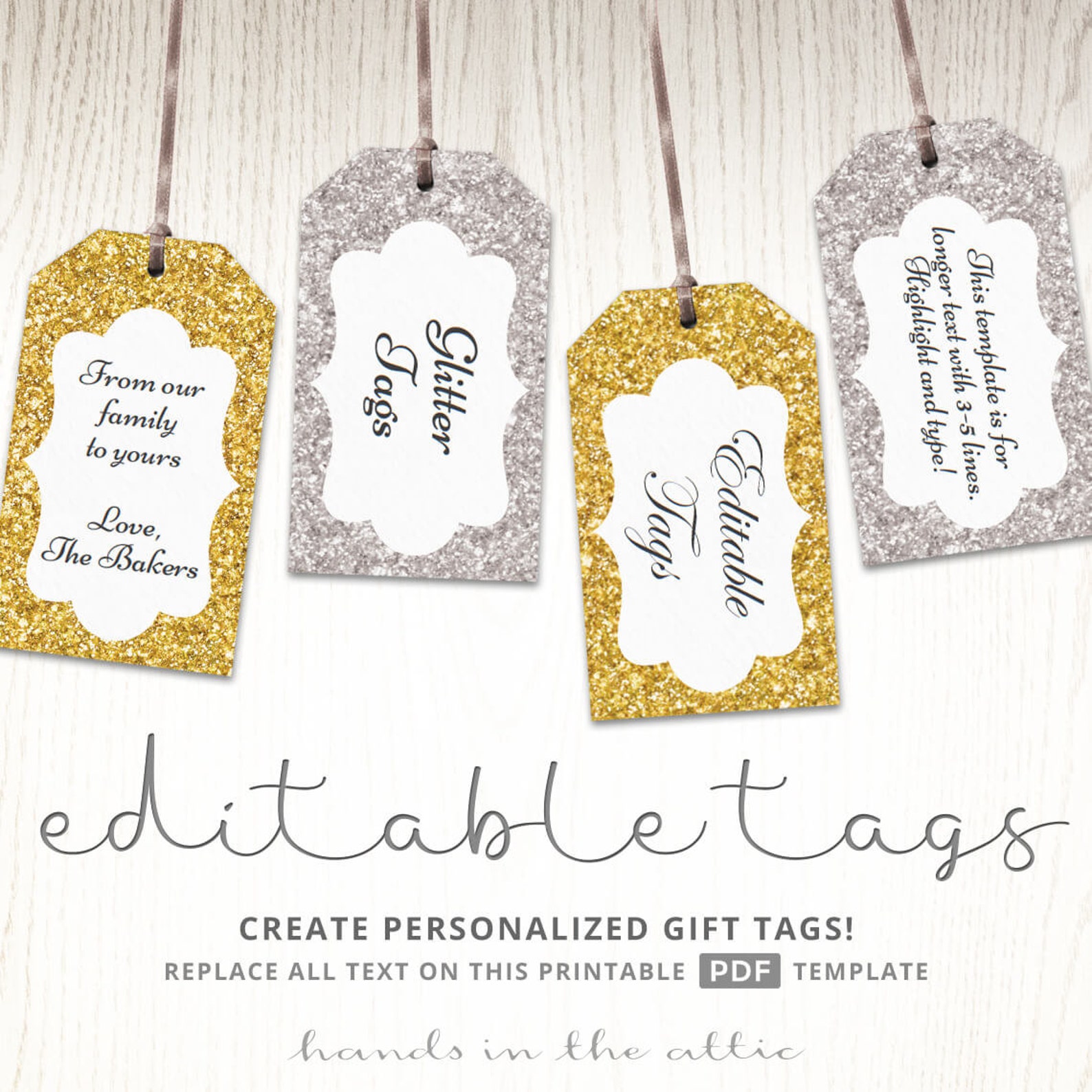 Glitter gift tags gold silver printable editable template Etsy