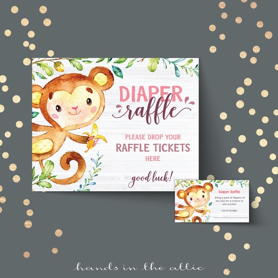 Little monkey theme baby girl shower diaper raffle sign & slip card printable - 8x10 and business card size, instant download PDF files mk35 Il_570xn